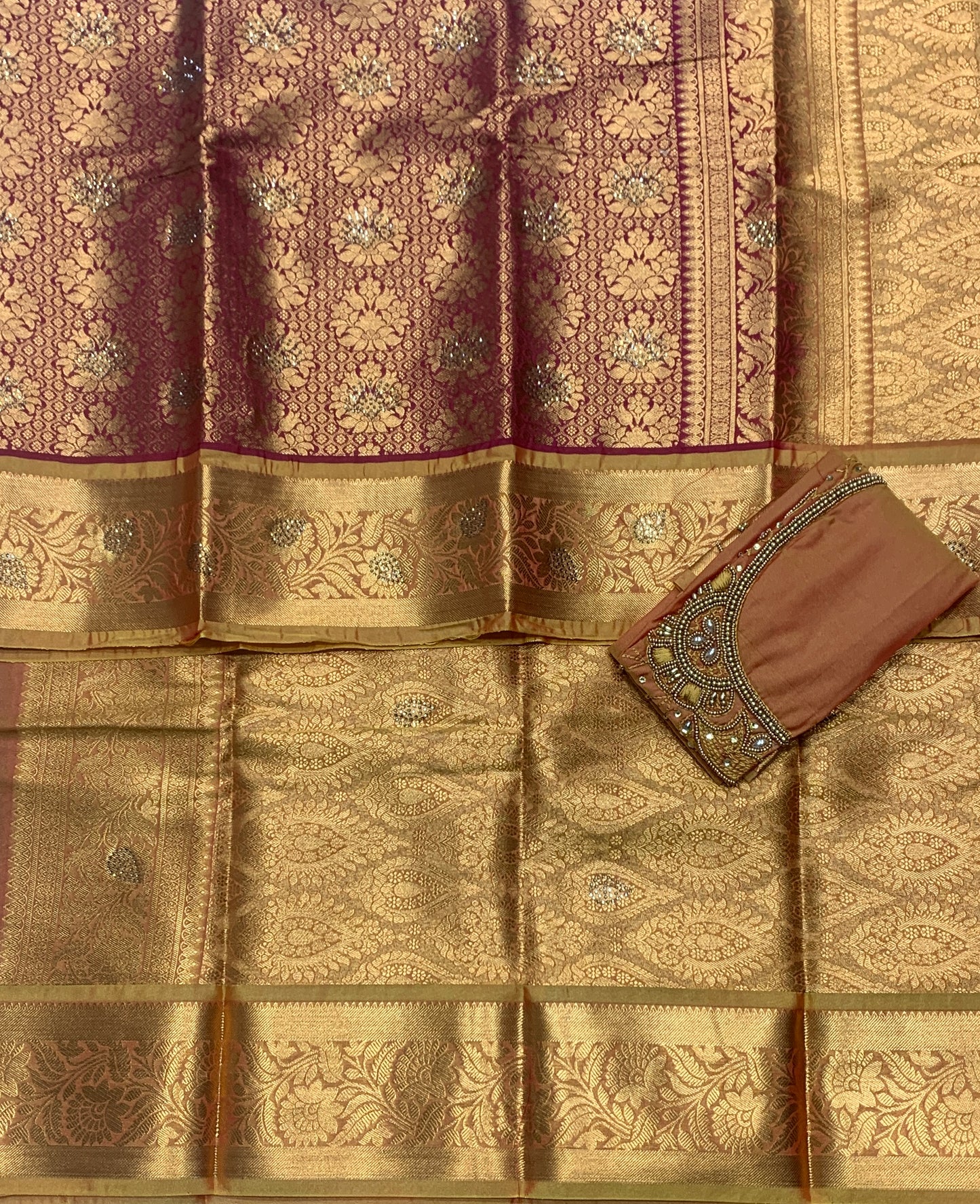 Bridal Vegan Silk Saree Maroon shade with Golden Yellow Border with Unstitched blouse in Aari Work