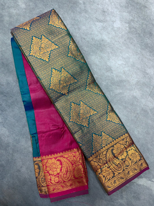 Vegan Silk Saree Rama Green Colour with Copper and Magenta Border