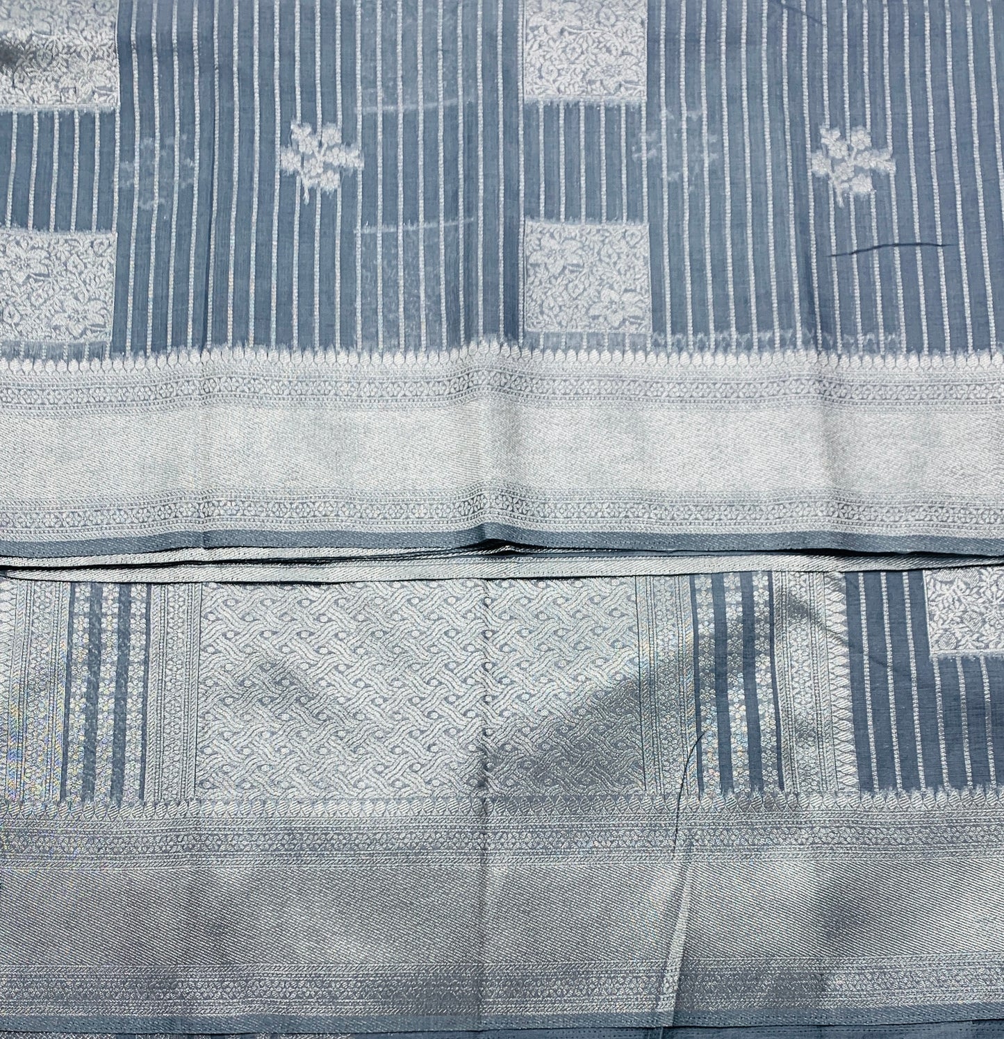 Fancy South Cotton Summer Special in Vibrant Pastel Colours - * Gray* with Sliver Zari Border