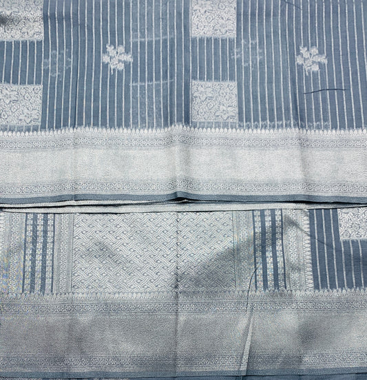 Fancy South Cotton Summer Special in Vibrant Pastel Colours - * Gray* with Sliver Zari Border
