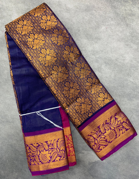 Vegan Silk Saree Blue Colour with Copper and Magenta Border