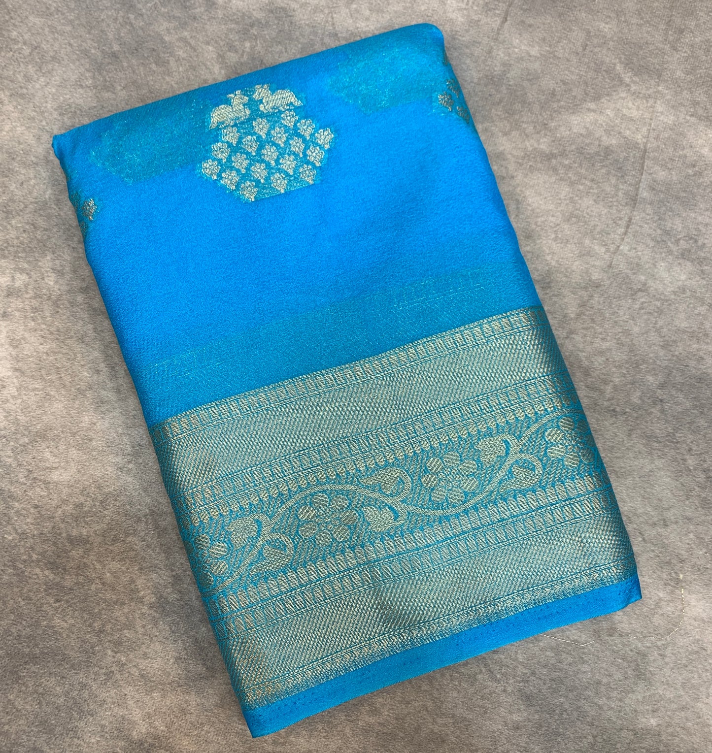 Crepe Saree Light Sky Blue Colour with Sliver Zari work Border