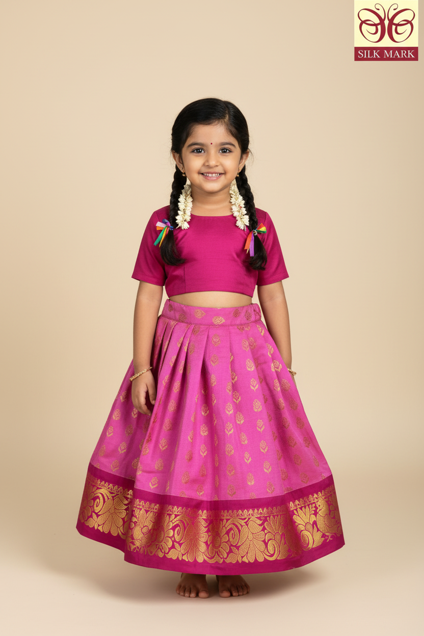 Pink Shade Pure Kanchipuram Kids Pattu Pavadai with Contrast Border for Newborn to 2 Years