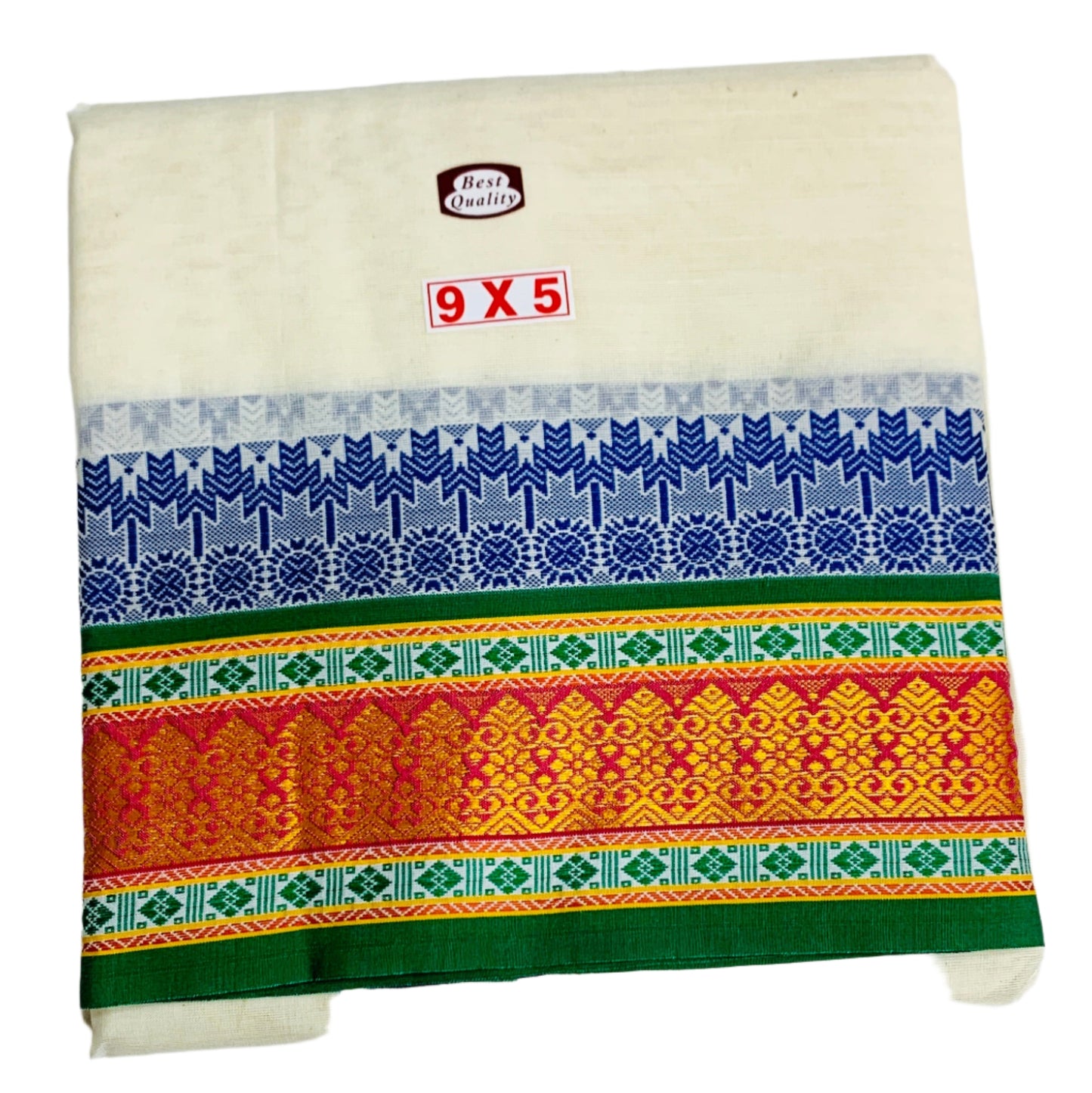 9X5 Cotton Unbleached Dhoti with Angavastram Colour with Blue and Orange Border