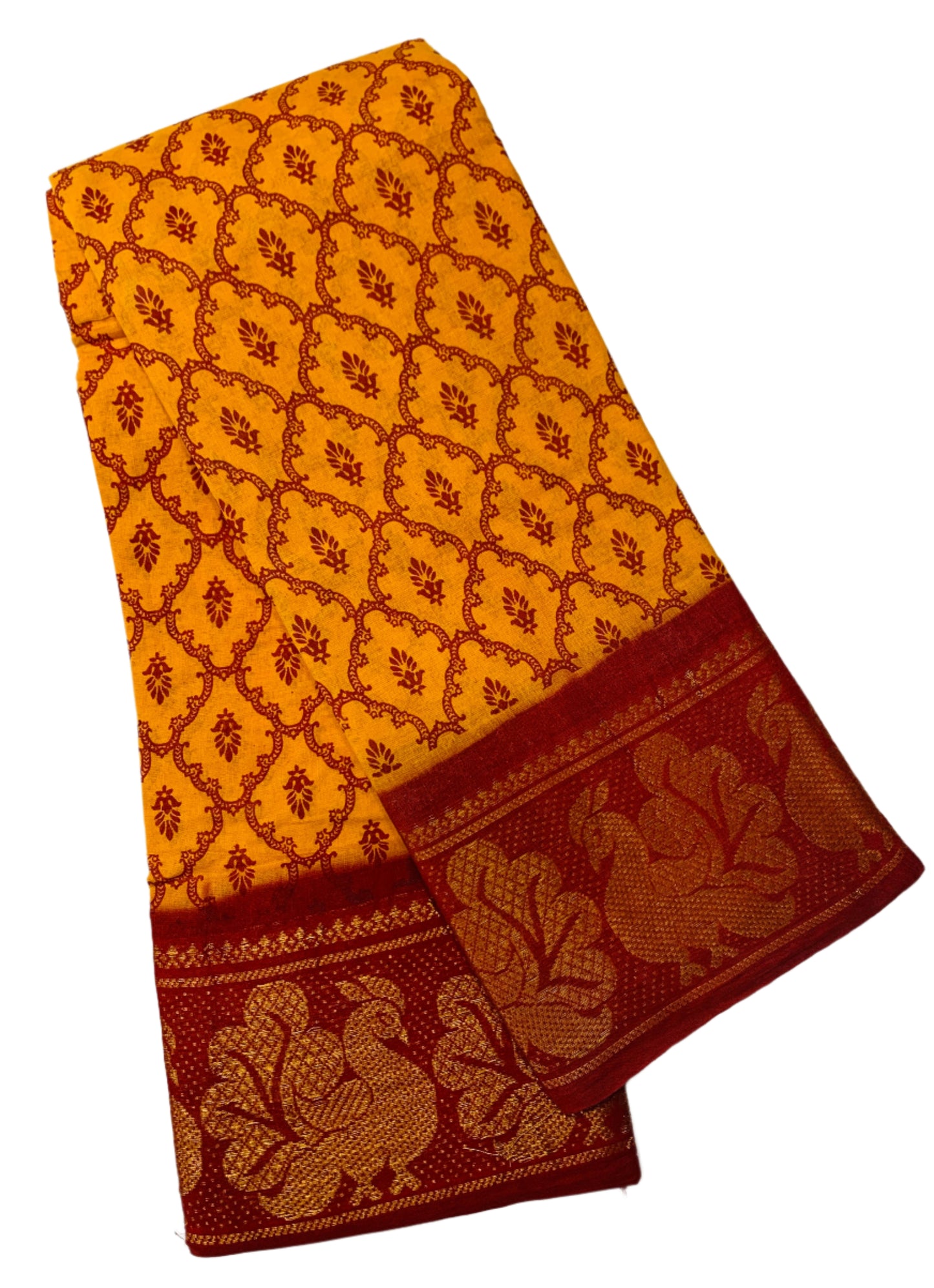 Chettinad Sungudi Cotton Mustard Colour with Maroon Border