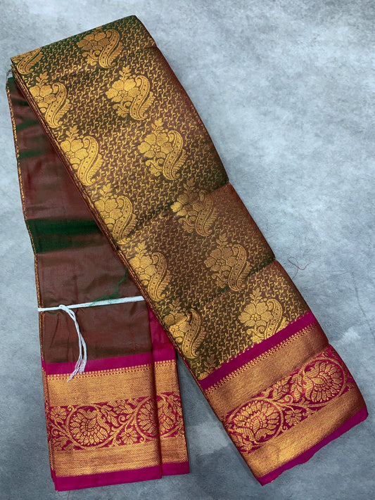 Vegan Silk Saree Olive Green Colour with Copper and Pink Border
