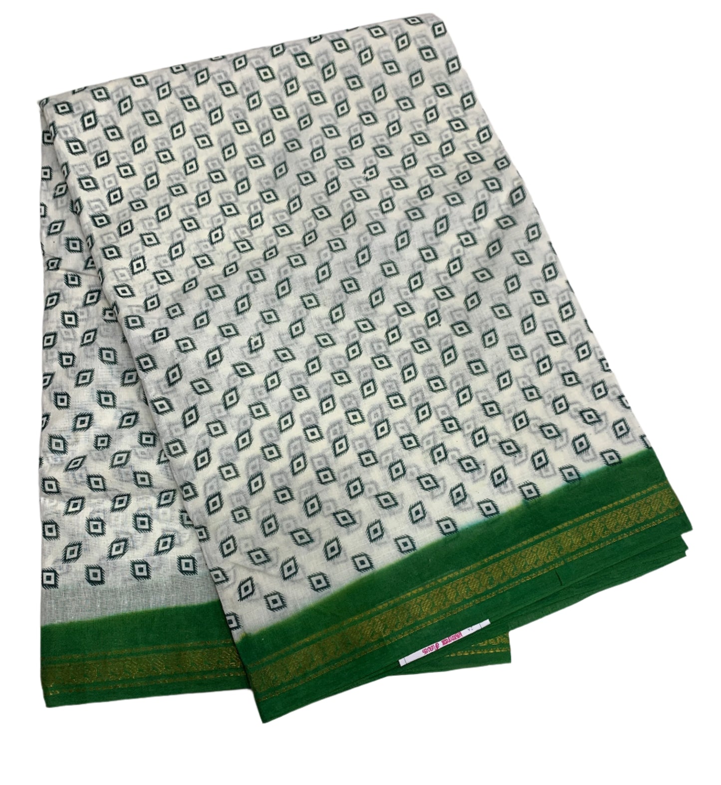 9 yards Cotton Saree White Colour with Light Green Border