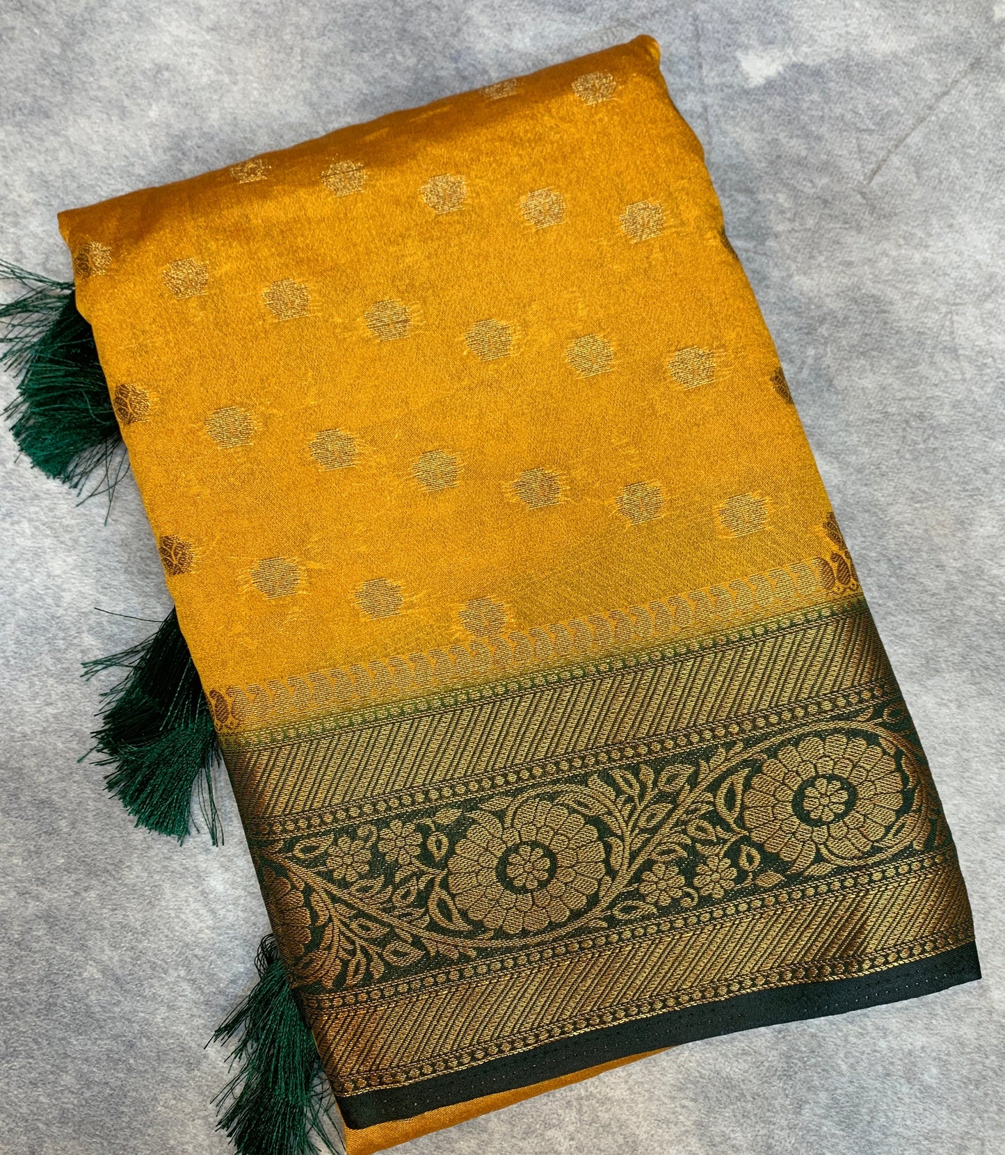 Crepe Saree Mustard Colour with Green Border