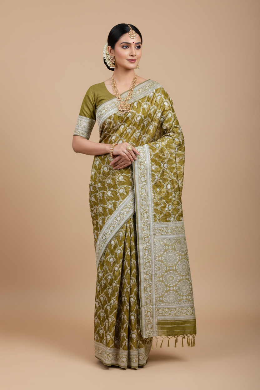 Banaras Katan Saree Pasipayaru Colour with Katan Work Border