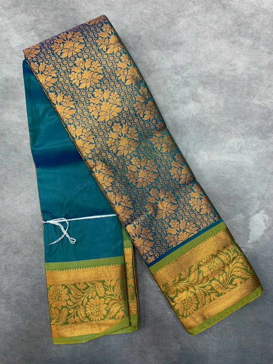 Vegan Silk Saree Rama Blue Colour with Copper and Light Green Border