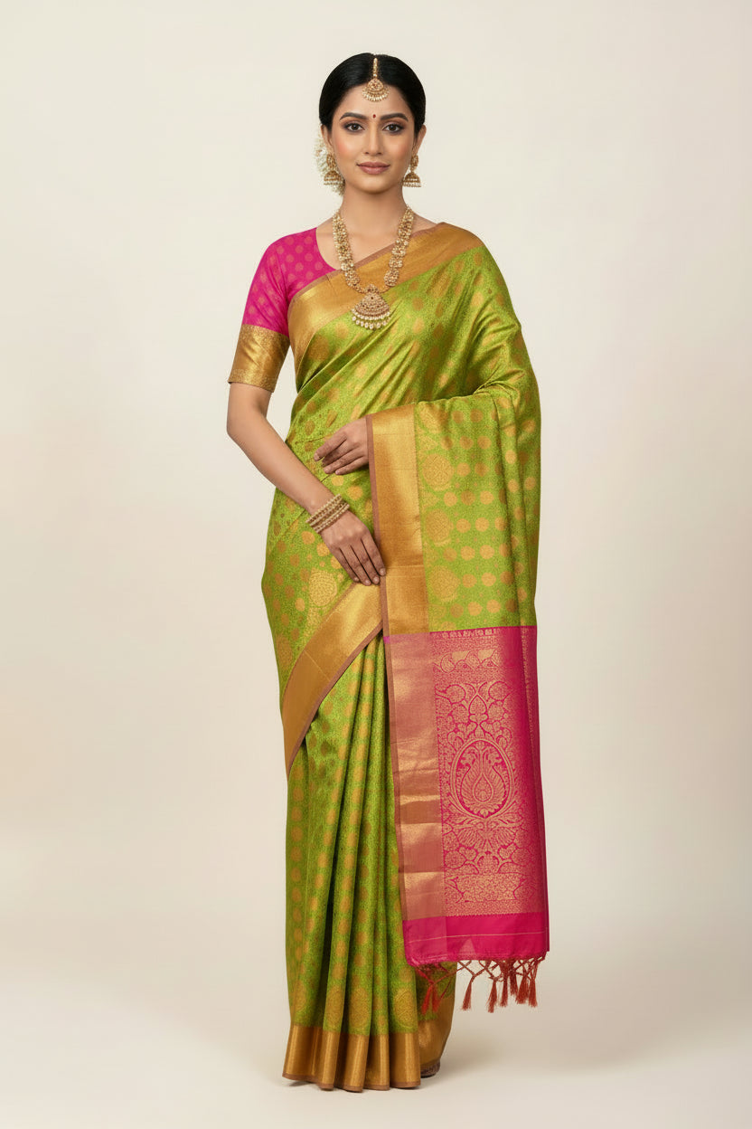 Vegan Silk Saree Apple Green Colour with Pink and Copper Border