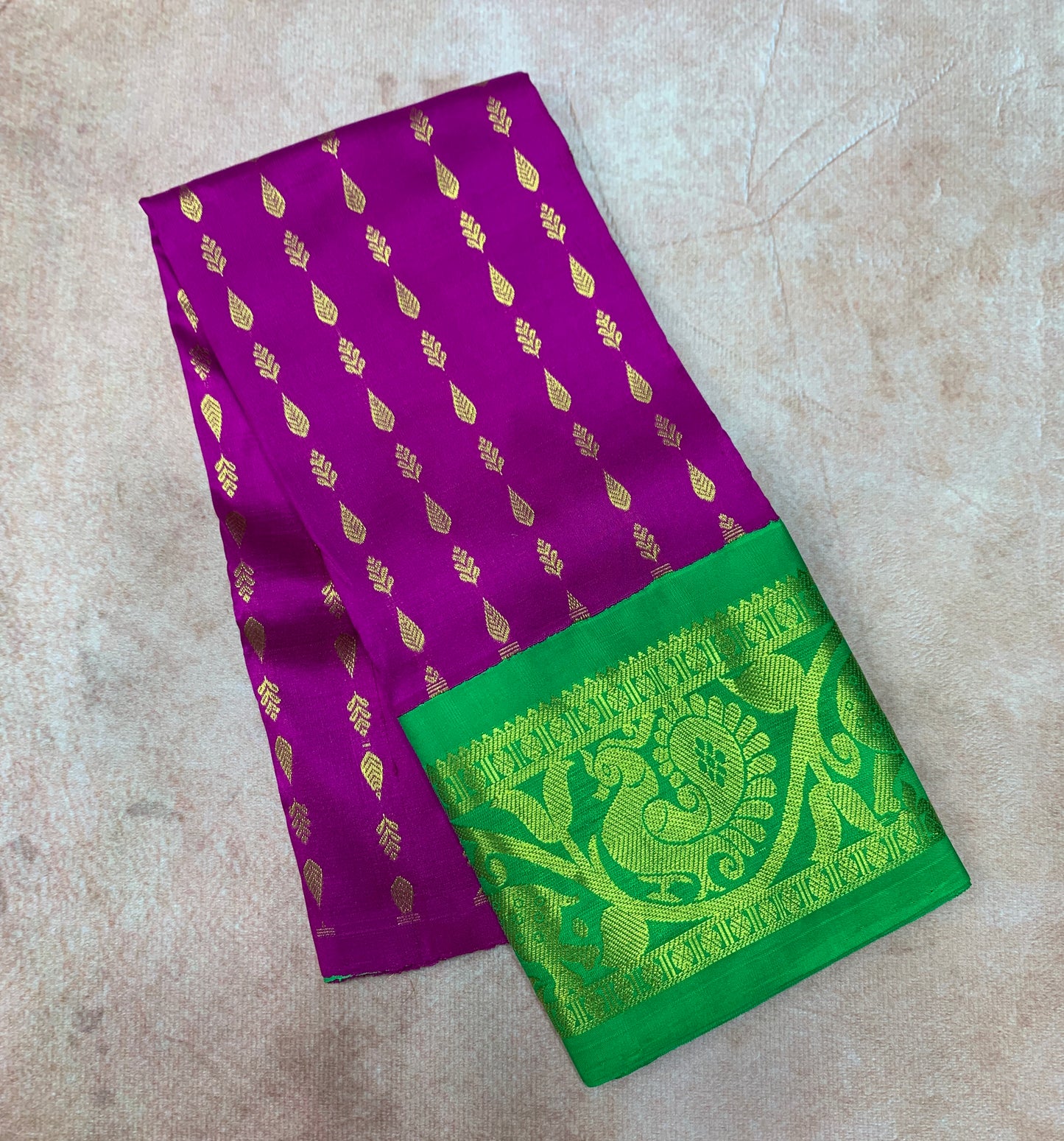 Magenta Shade Pure kanchipuram Kids Pattu Pavadai with Contrast border for Newborn to 2 Years
