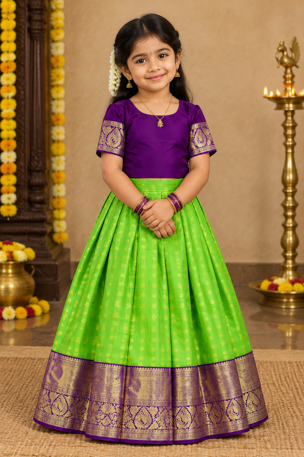 Parrot Green Shade Pure Kanchipuram Kids Pattu Pavadai with Contrast Border for Age Above 10 Years