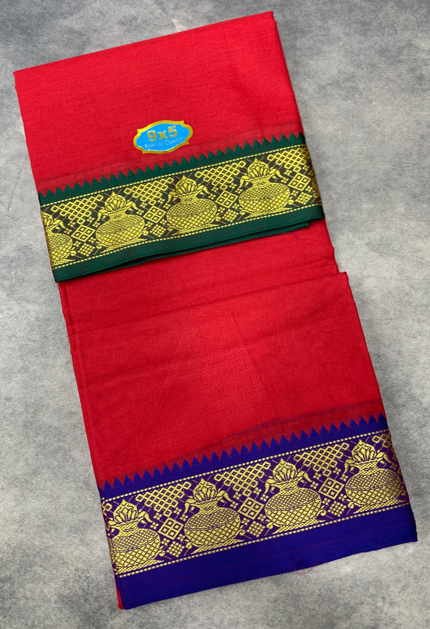 9X5 Cotton Dhoti Red Colour with Green and Blue Border
