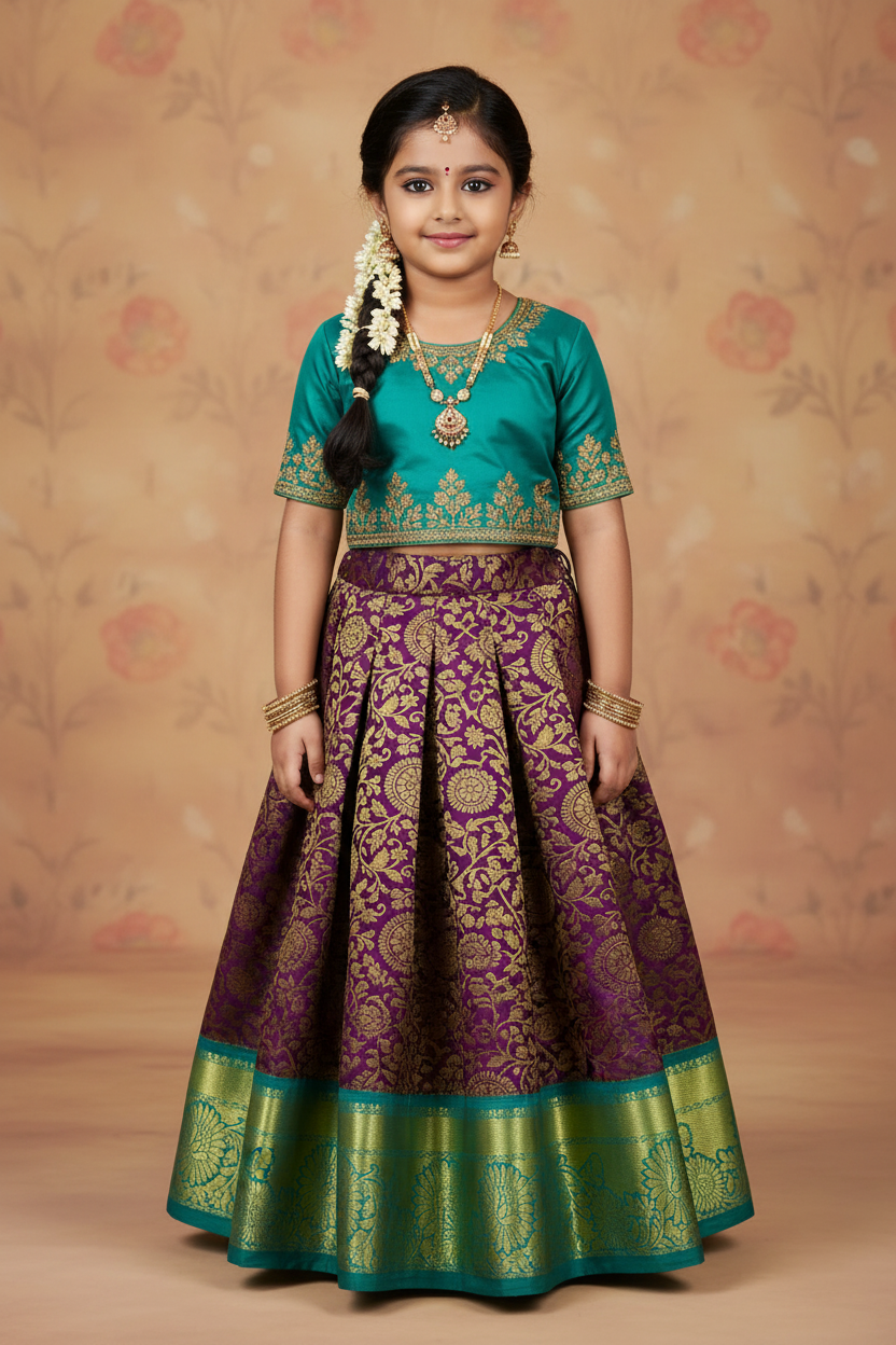 Magenta Shade Vegan Silk Kids Pattu Pavadai with Contrast Border for age 2 to 5