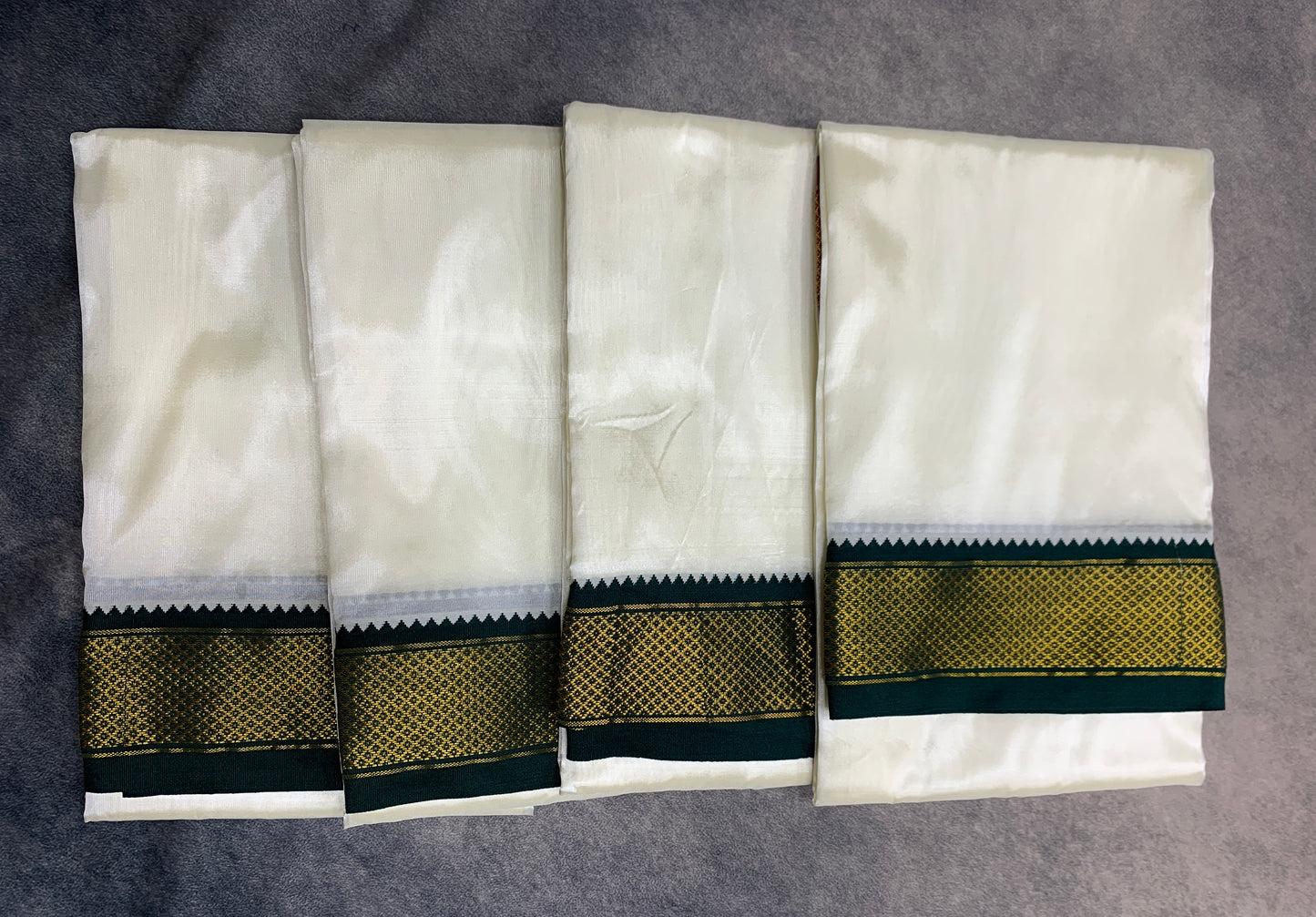 Art Silk Pooja Towel Cream with Small Ganga Jamuna(Green/ Maroon) Border - Pack of 4