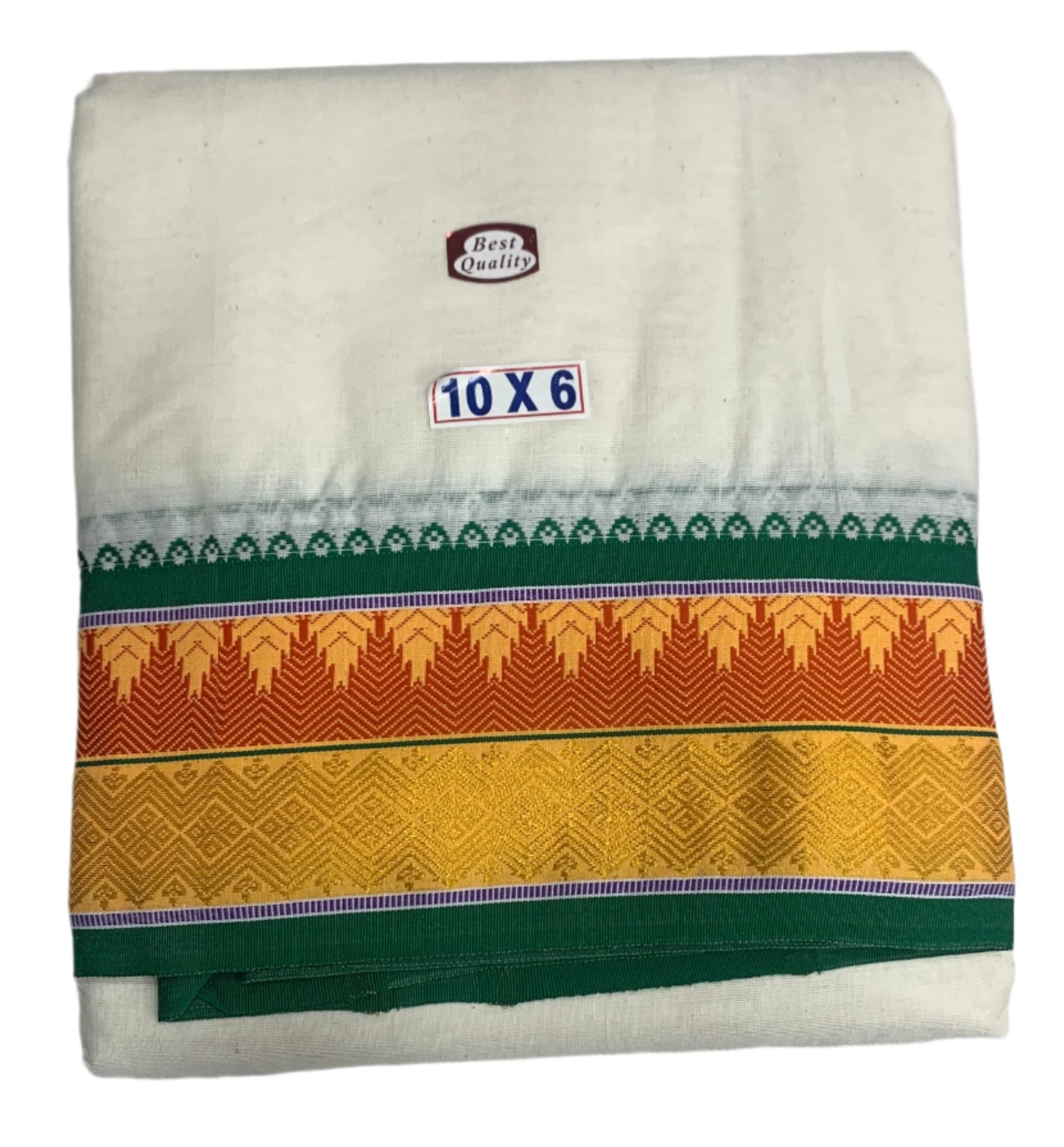 10X6 Cotton Unbleached Dhoti with Green and Yellow Border