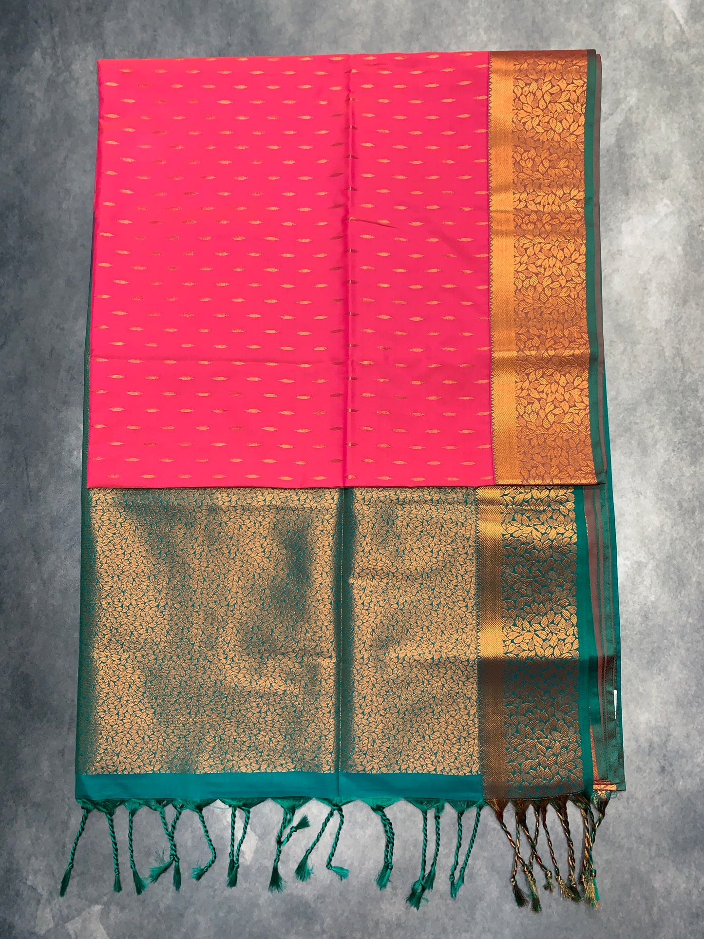 Soft Vegan Silk Saree Rani Pink Colour with Green and Copper Border