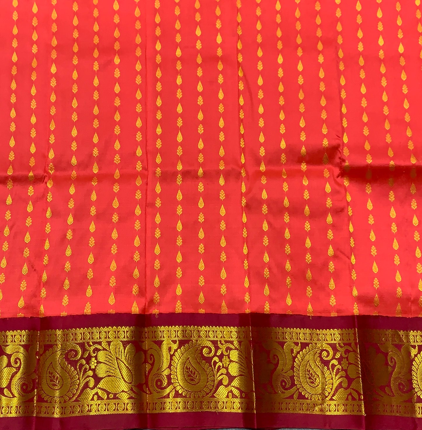 Dark Peach Shade Pure Kanchipuram Kids Pattu Pavadai with Contrast Border for Newborn to 2 Years
