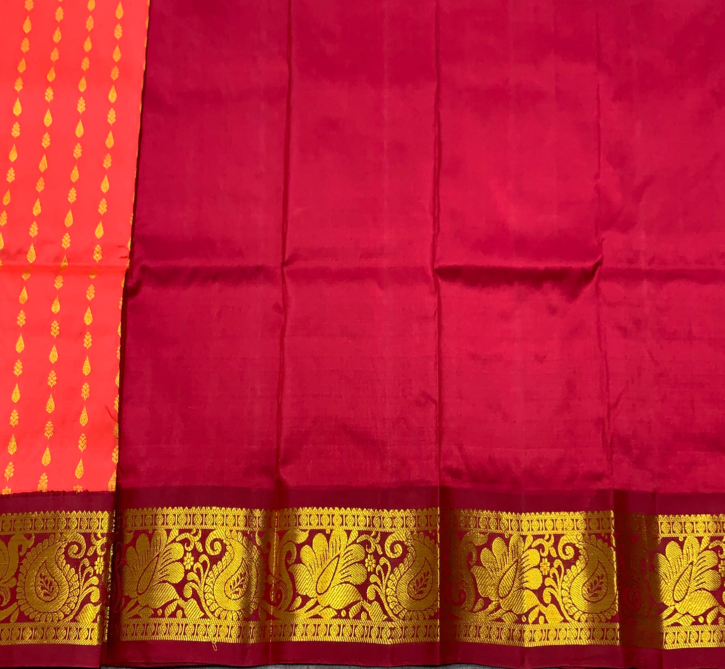 Dark Peach Shade Pure Kanchipuram Kids Pattu Pavadai with Contrast Border for Newborn to 2 Years