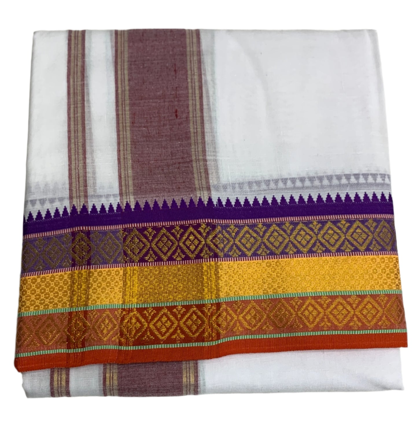 9X5 Cotton Dhoti White Yellow, Orange and Violet Border with Angavastram
