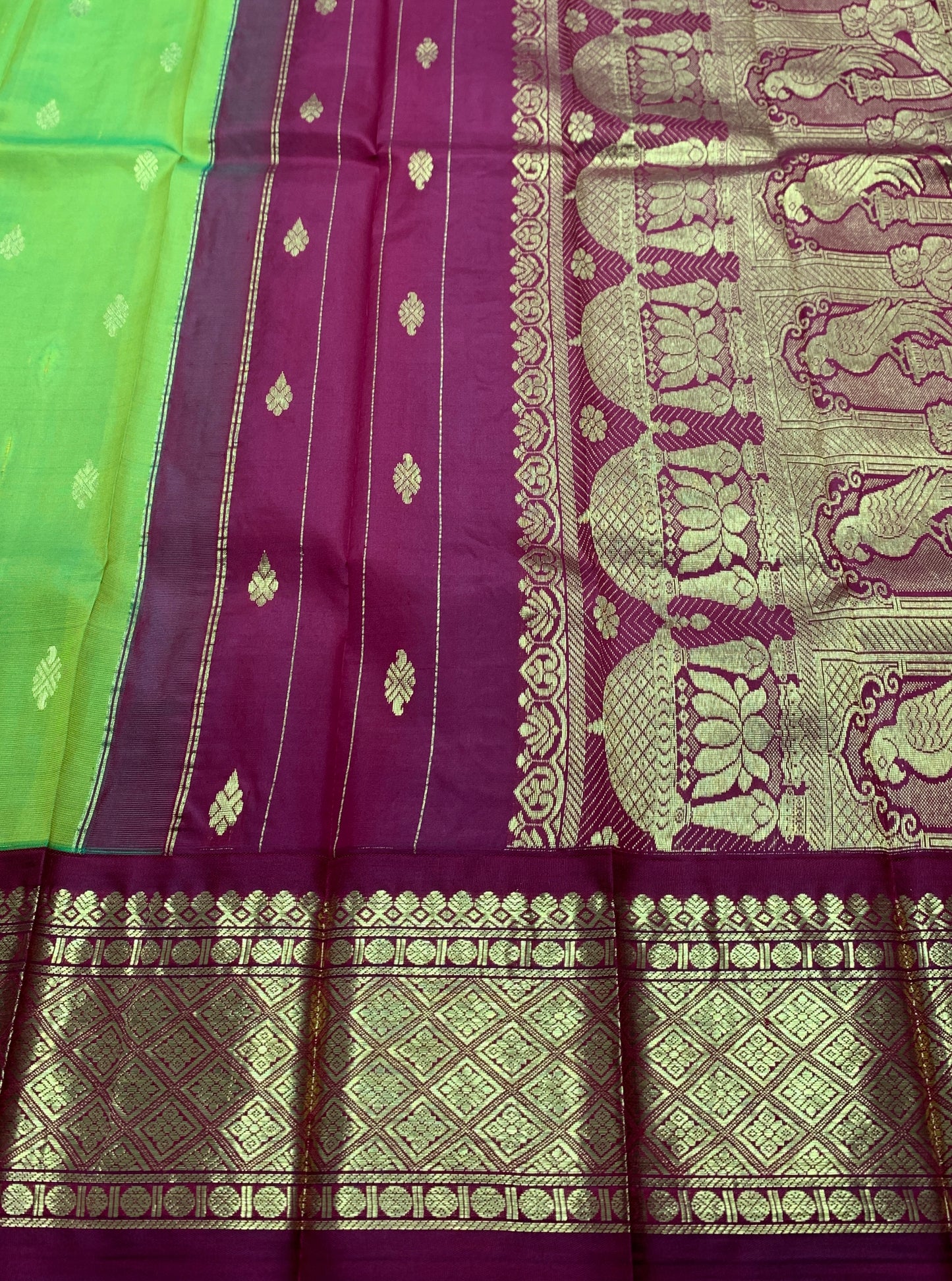 Pure Kanchipuram Silk Saree Olive Green Colour with Maroon and Gold Zari Border
