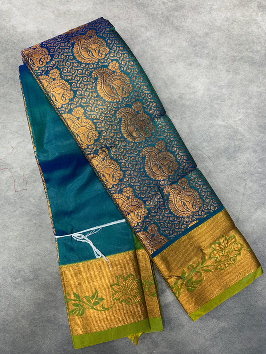 Vegan Silk Saree Rama Green Colour with Copper and Light Green Border
