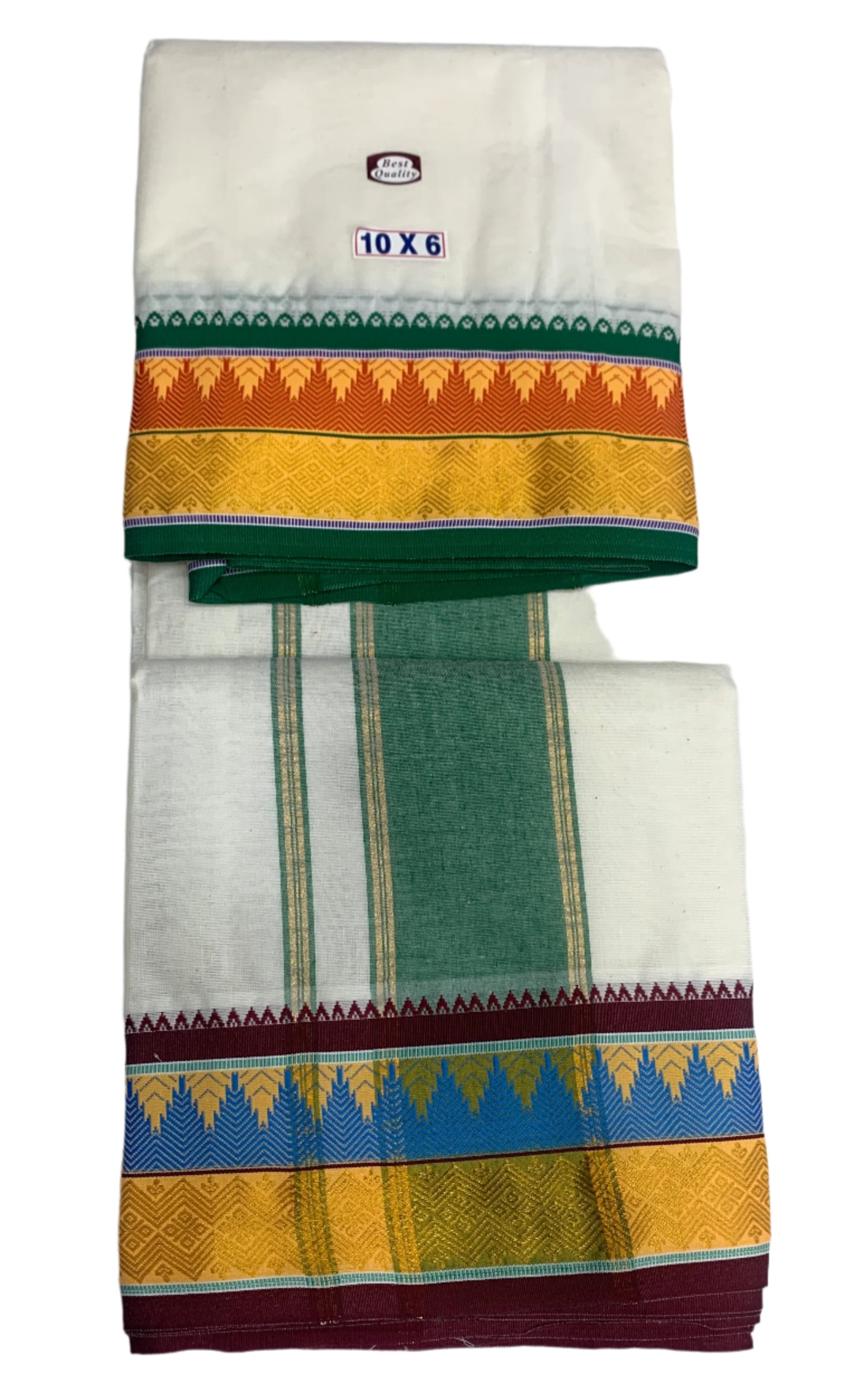 10X6 Cotton Unbleached Dhoti with Green and Yellow Border