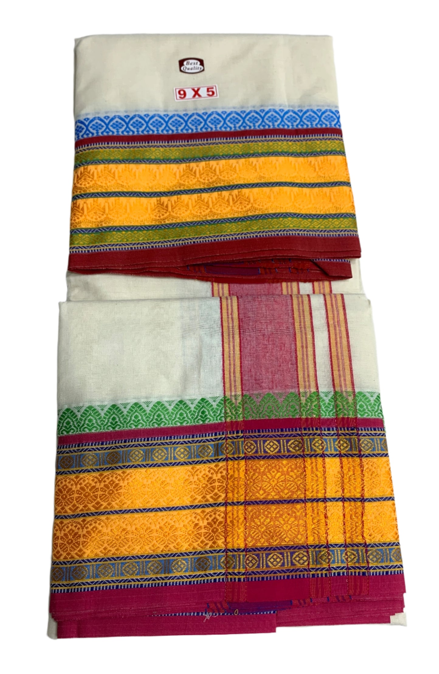 9X5 Cotton Unbleached Dhoti Multi Colour Border with Angavastram