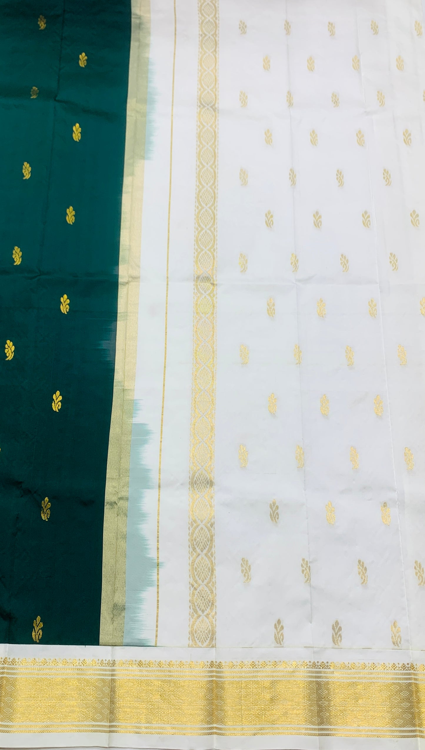 Semi Silk Saree Green Colour with White and Gold Zari Border