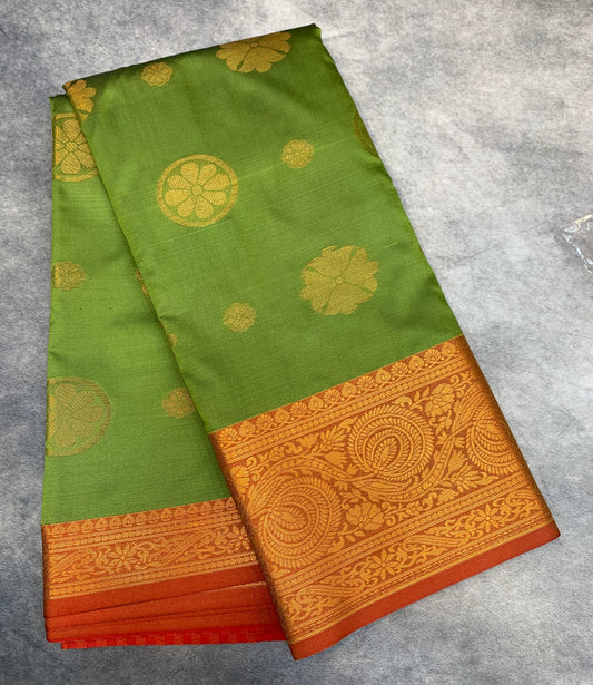 Soft Silk Casual Saree Olive Green Colour with Maroon Border