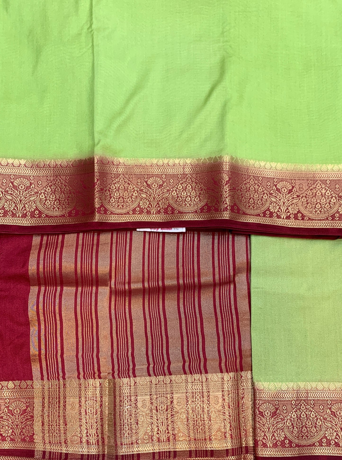 Crepe Saree Apple Green Colour with Maroon Border