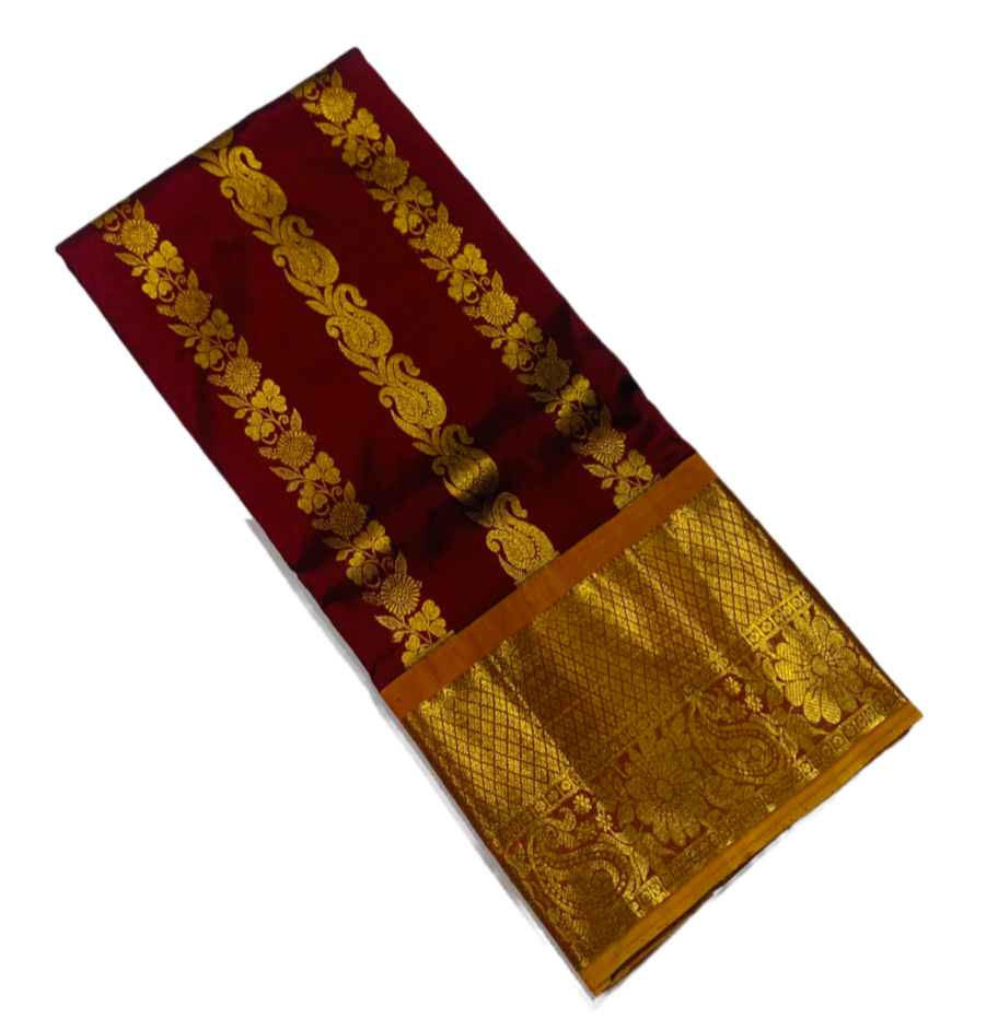 Brown shade Pure Kanchipuram Kids Pattu Pavadai with contrast border for age 5 to 10