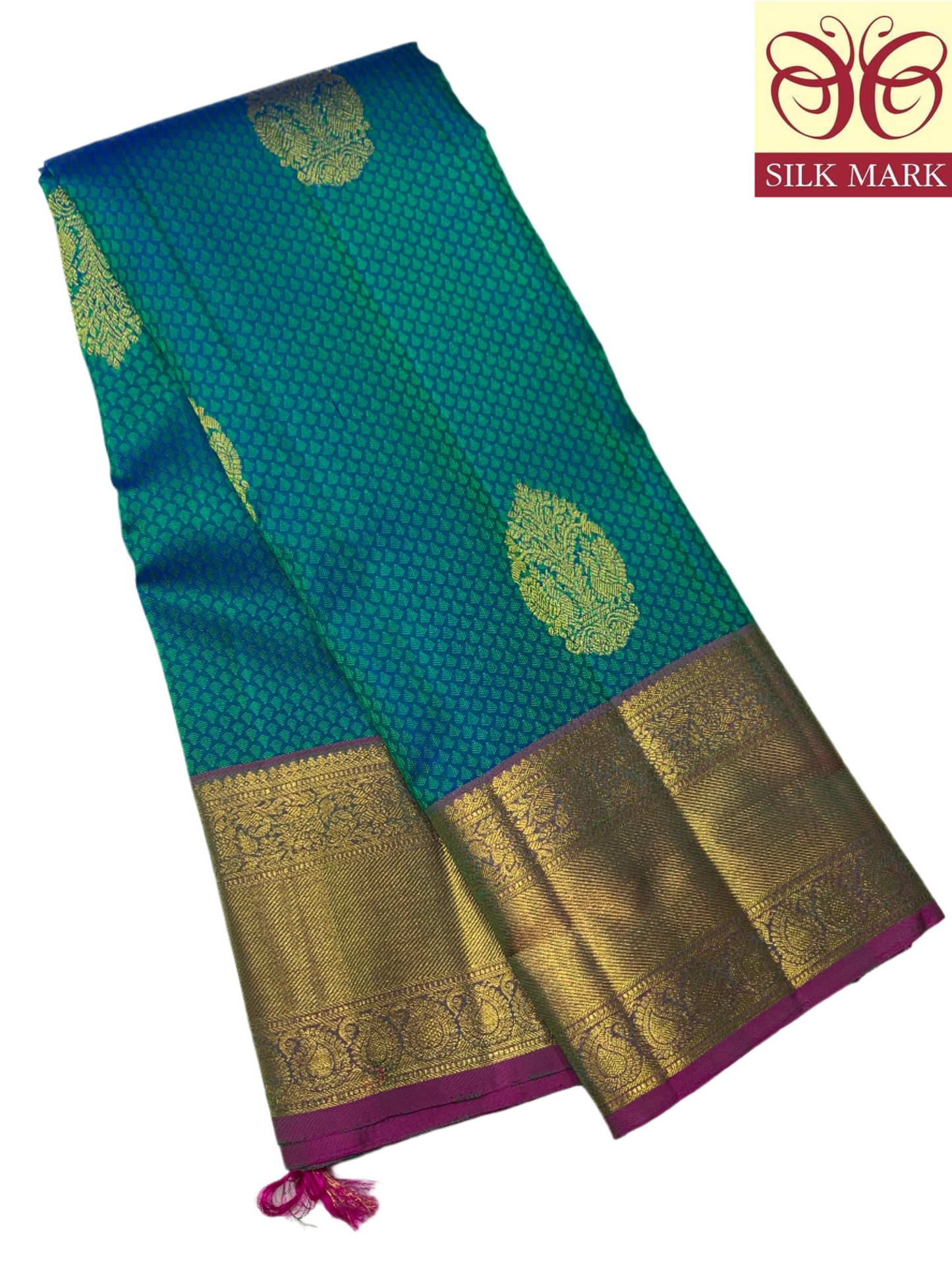 Pure Kanchipuram Silk Peacock Green Colour with Purple Border