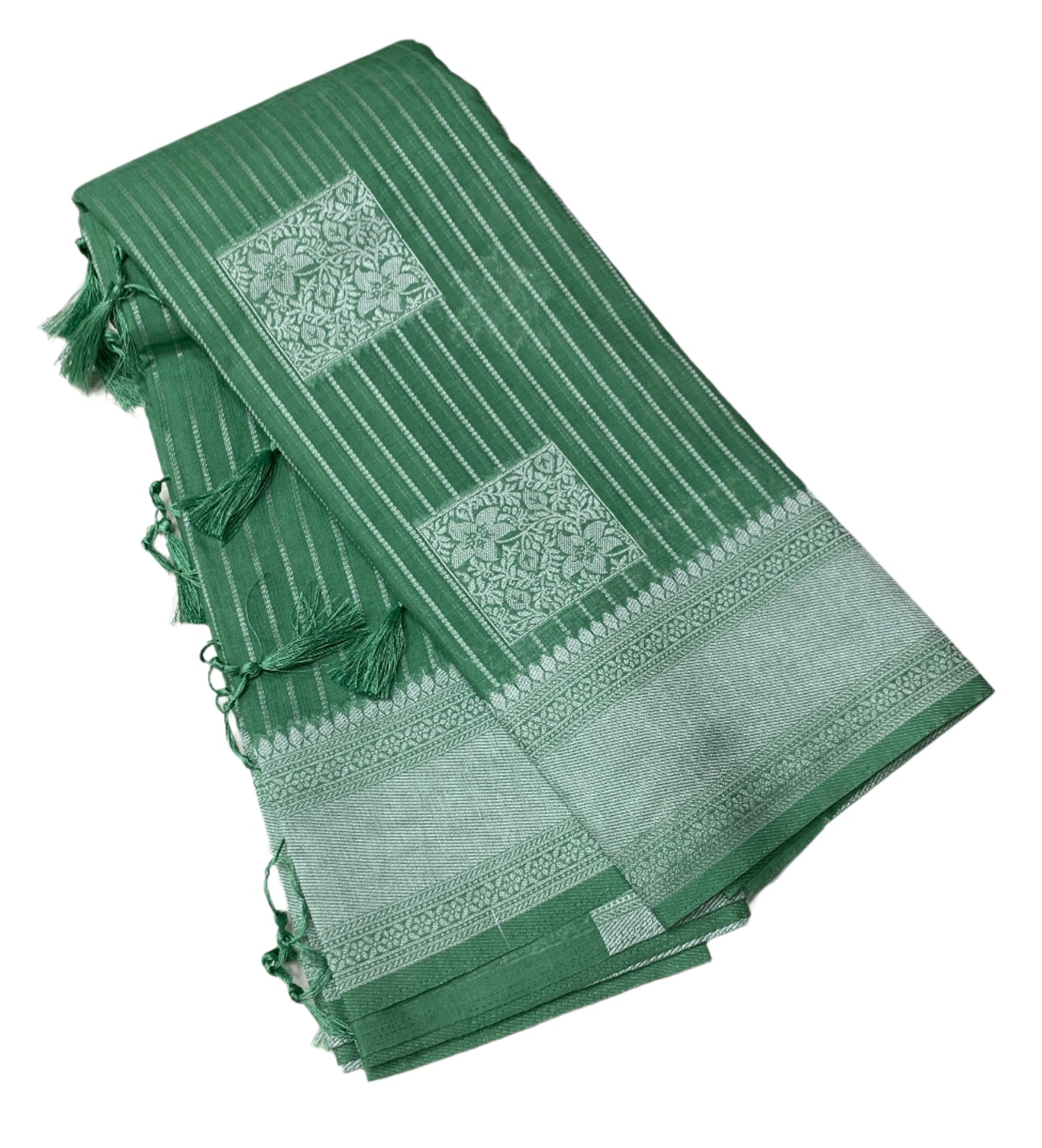 Fancy South Cotton Summer Special in Vibrant Pastel Colours - * Emerlad Green * with Sliver Zari Border