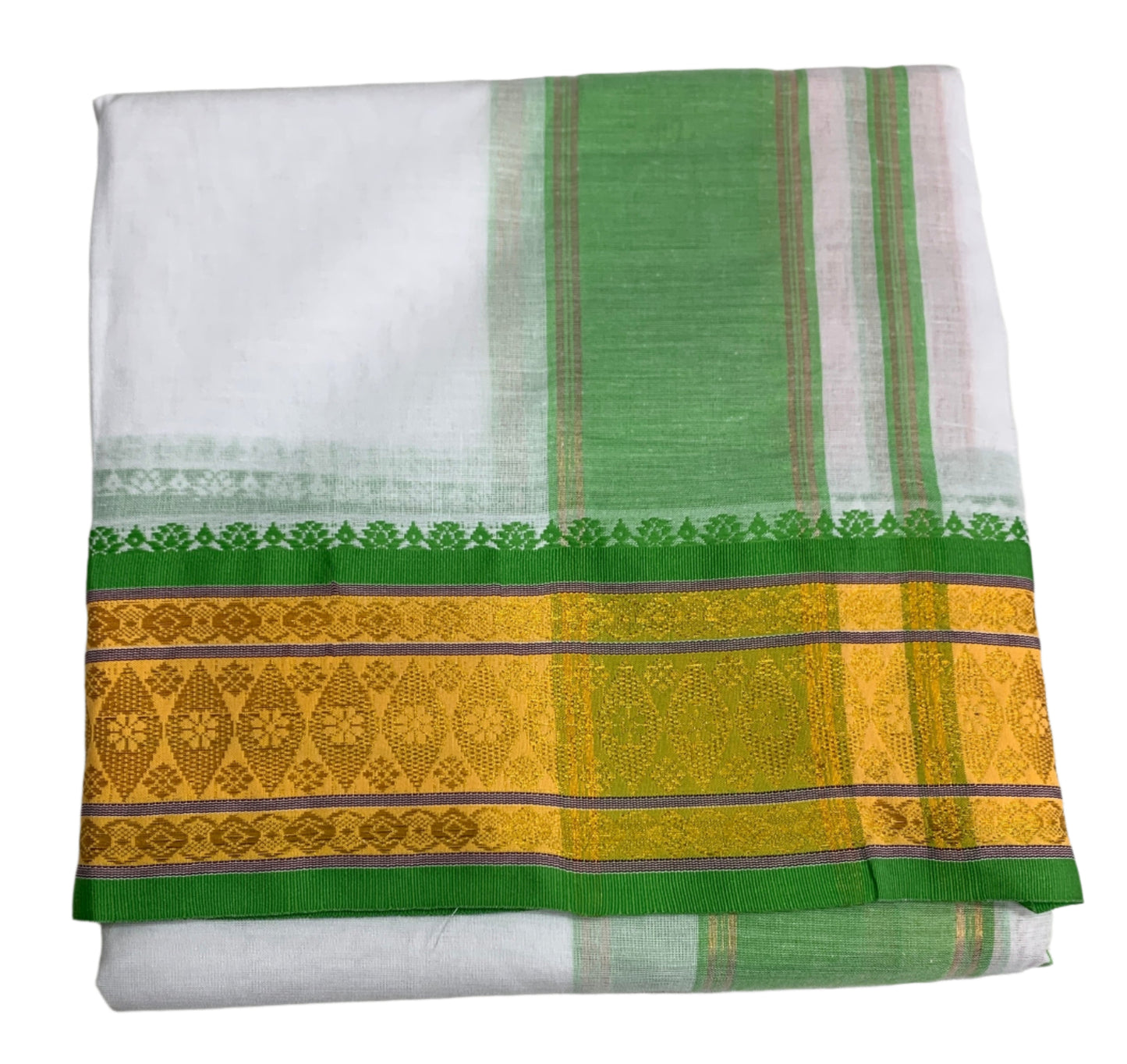 9X5 Cotton Dhoti White Colour with Yellow and Light Green Border