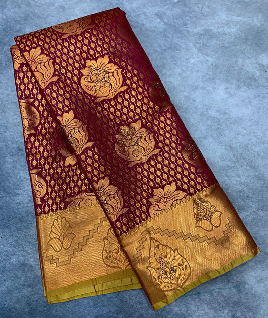 Vegan Silk Saree Brown Colour with Copper and Golden Yellow Border