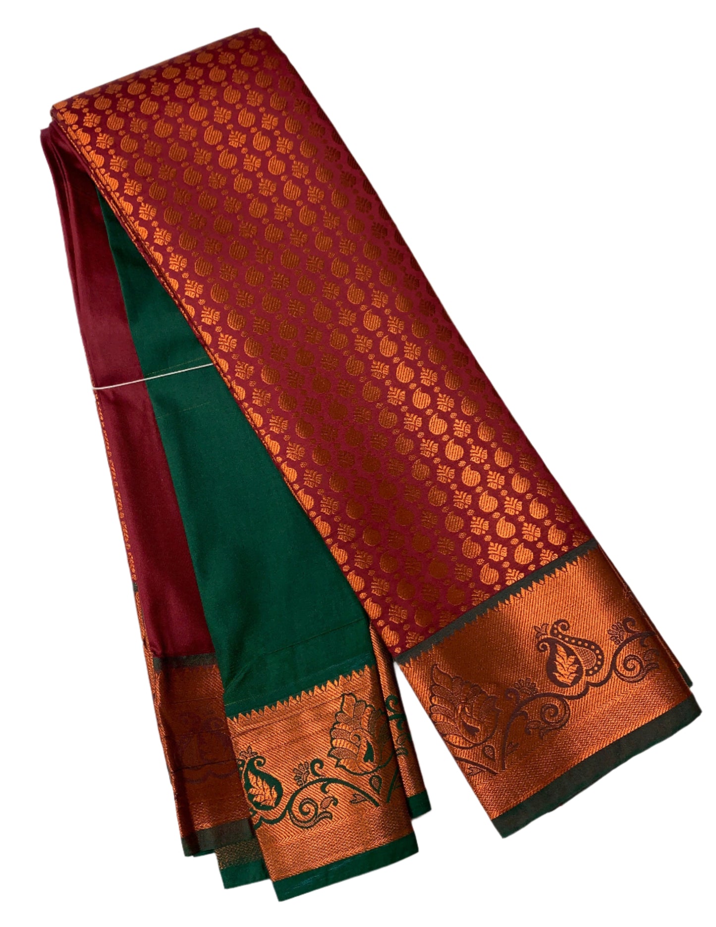 Vegan Silk Saree Maroon Colour with Copper and Green Border