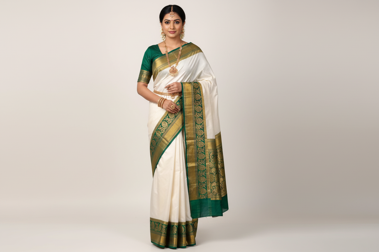 Pure Kanchipuram Silk Saree White Colour with Green Border