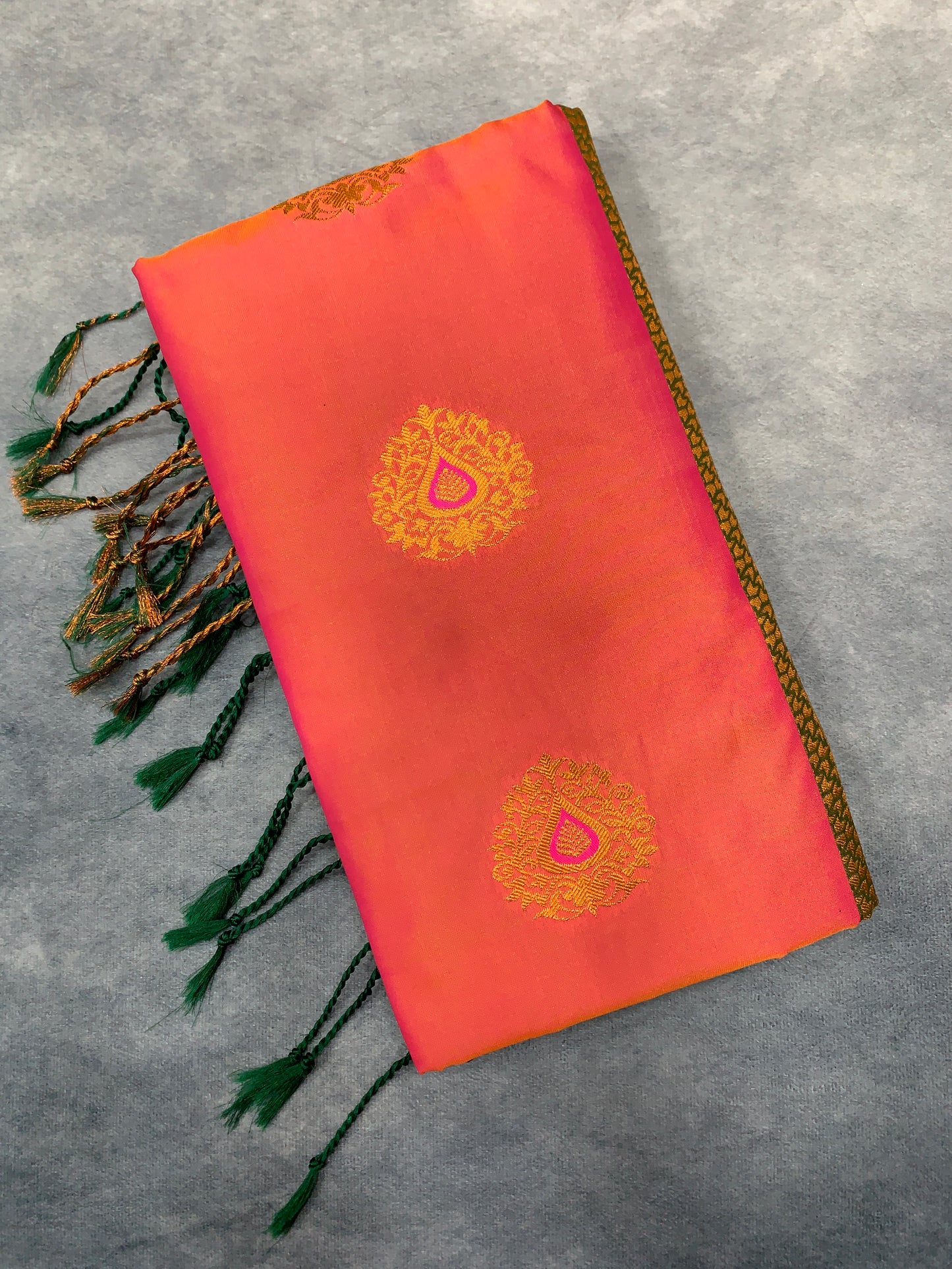 Soft Vegan Silk Saree Salmon Colour with Green and Copper Border