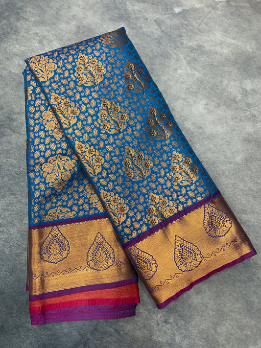 Vegan Silk Saree Sky Blue Colour with Copper and Magenta Border