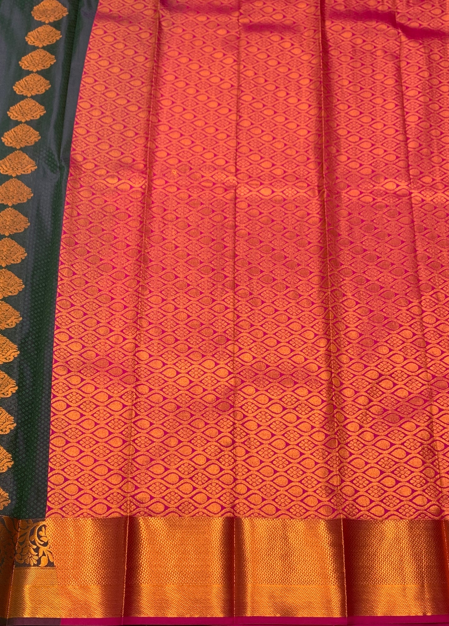 Vegan Silk Saree Dark Green Colour Saree with Copper Border