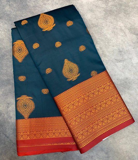 Soft Silk Casual Saree Dark Blue Colour with Maroon and Golden Colour Border