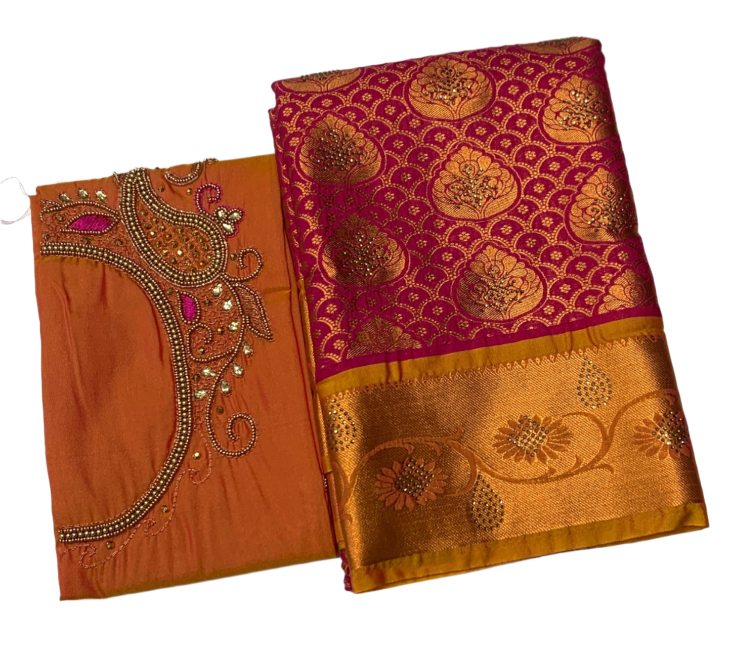 Bridal Vegan Silk Saree Pink Colour with Golden Yellow Border with Unstitched blouse in Aari work