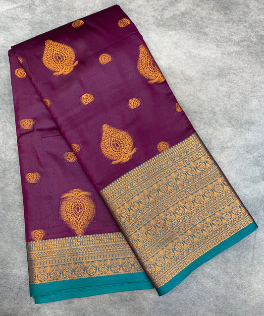 Soft Silk Casual Saree Magenta Colour with Rama Green and Golden Colour Border