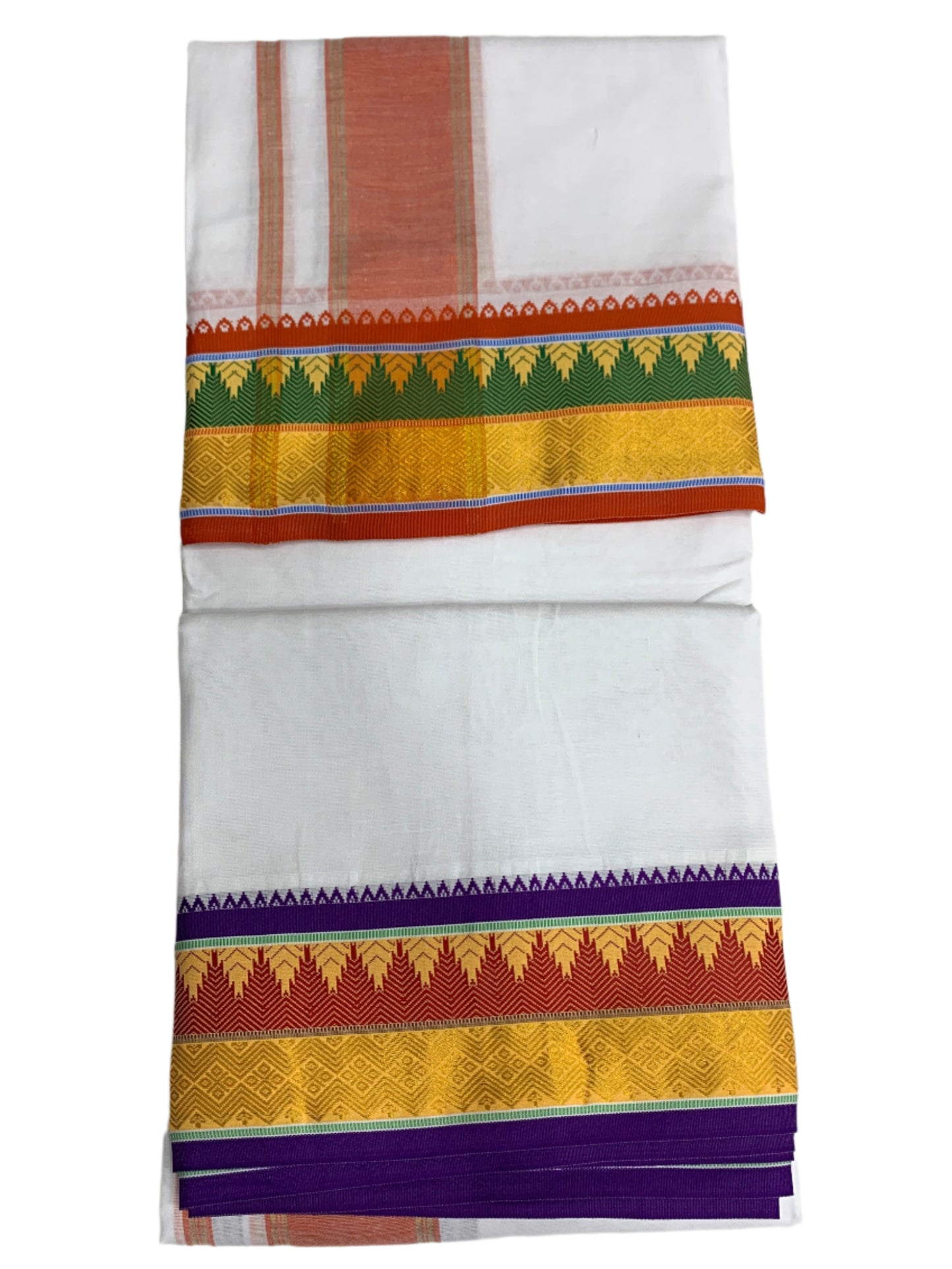 9X5 Cotton Dhoti White Green and Yellow Border with Angavastram