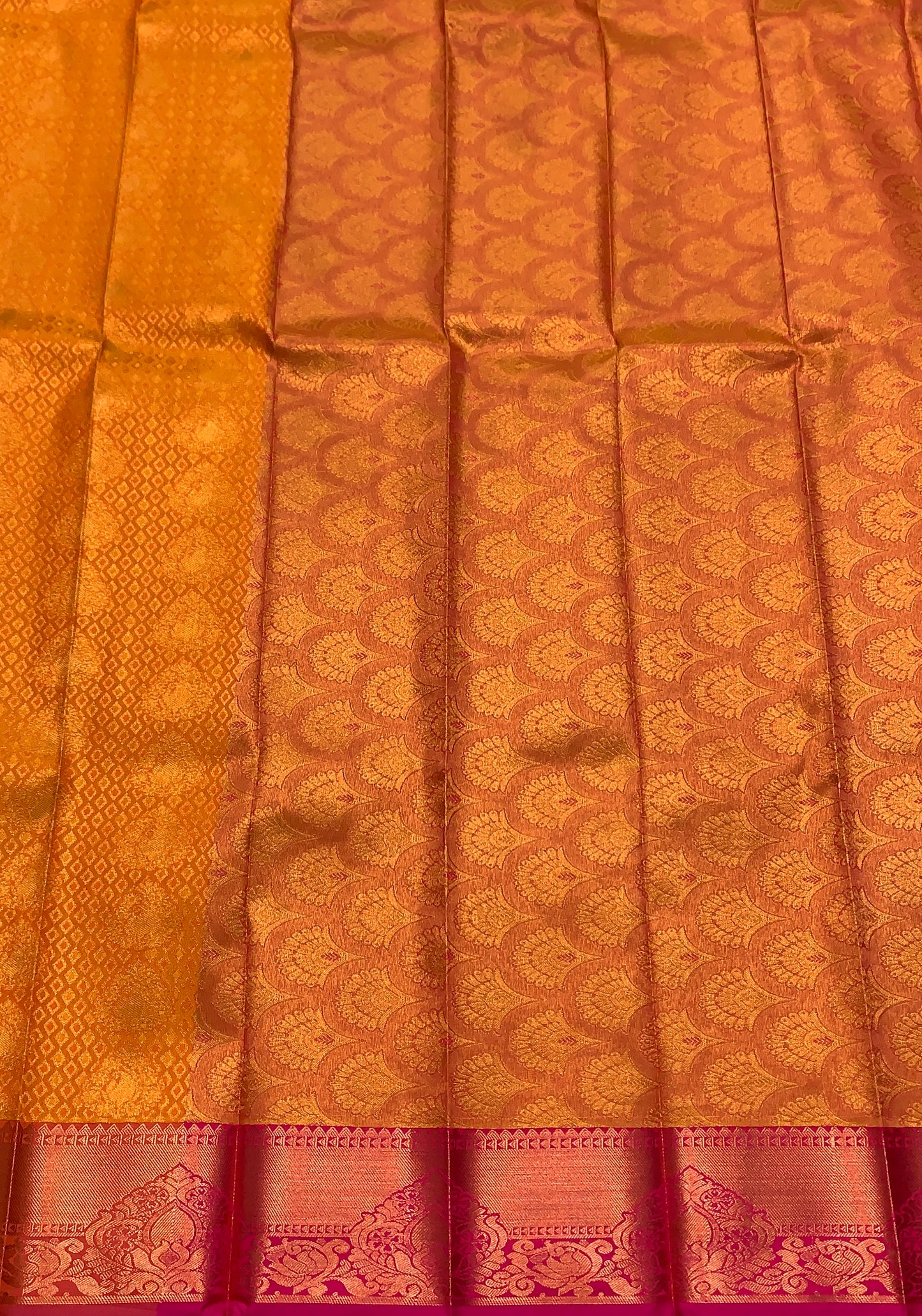 Vegan Silk Saree Golden Colour with Pink and Copper Floral Border