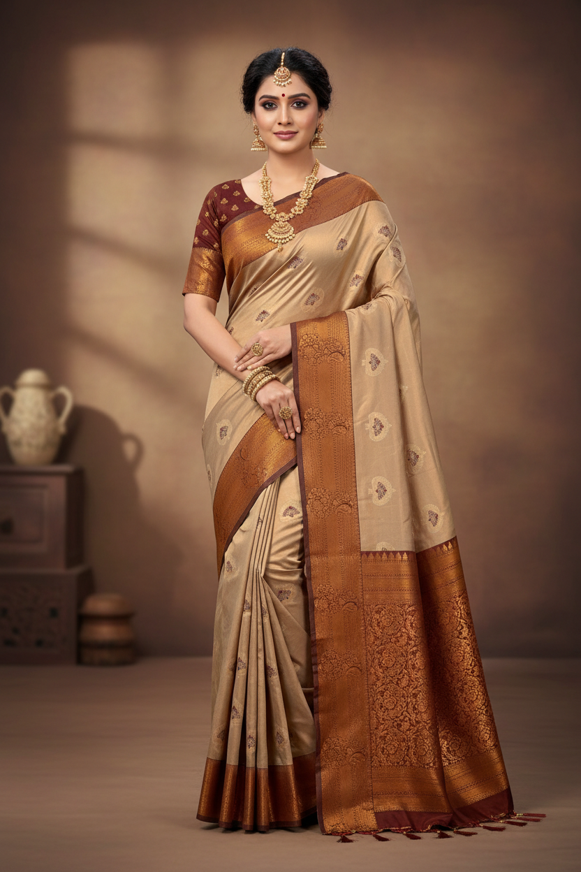 Art Silk Saree Sandal Colour with Maroon Border