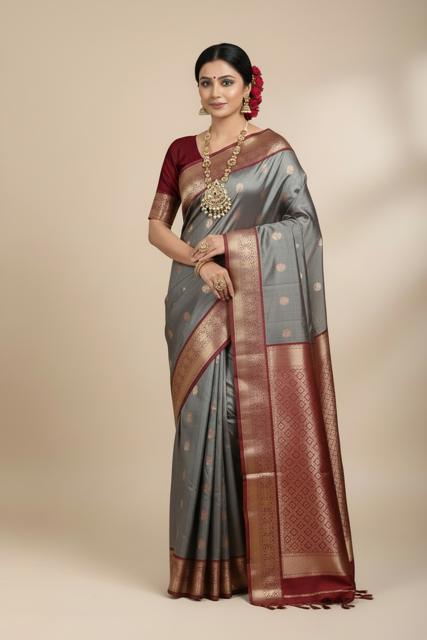 Pure Kanchipuram Silk Saree Gray Colour with Maroon Border