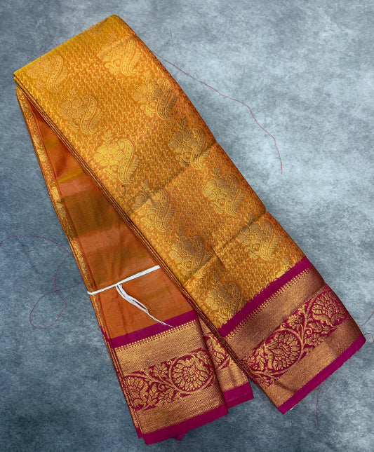 Vegan Silk Saree Golden Yellow Colour with Copper and Pink Border